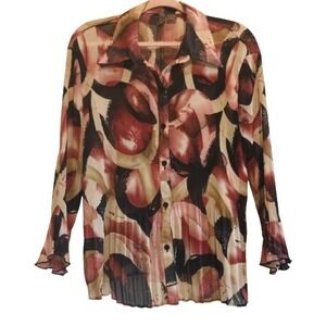 Sere Nade New York Abstract Print‎ Pleated Long Sleeve Button Down Blouse